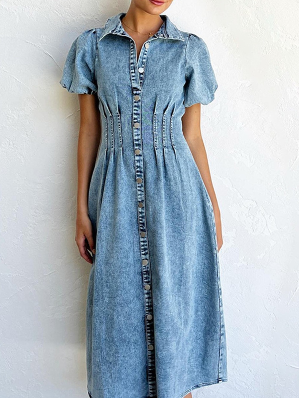 🩵 Puff Sleeve Button Front Denim Midi Dress Light Blue